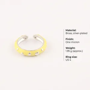 Yellow Color Enamel Heart Shape <b>Rings</b> 18k Silver Plated Brass <b>Adjustable</b> Statement Minimalist Trendy Style Women Fashion Jewelry - Product Image 1