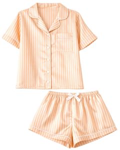 Ensemble de pyjama en satin rayé pêche personnalisé pour femme, manches courtes, boutonné, style soie, deux pièces, tenue de nuit, ensemble short de détente - Product Image 1