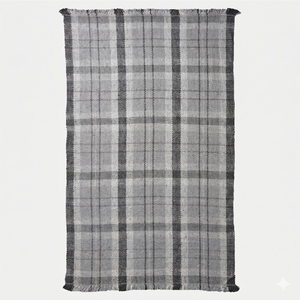 Tapis d'appoint épais en laine tuftée à la main, motif pied-de-poule noir/gris, antidérapant et écologique, idéal pour hôtels et salons - Product Image 1