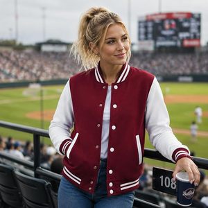 Chaqueta Varsity Marrón para Hombre, con Bloques de Color, Cuello Alto, Botones a Presión, Puños a Rayas, Estilo Deportivo para Otoño - Product Image 6