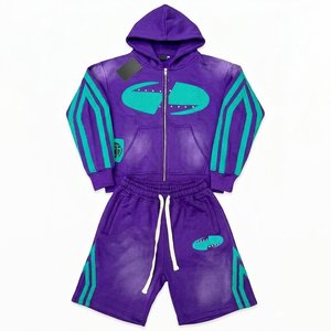 Conjuntos de Chándal Personalizados al por Mayor en Morado y Verde Azulado para Hombre, Sudaderas con Capucha y Pantalones Cortos, Ropa Deportiva Informal, Conjuntos Deportivos OEM ODM - Product Image 1