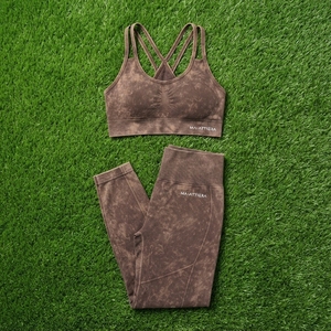 <b>Women</b> <b>Brown</b> Acid Wash Yoga Set Racerback Sports Bra High Waist Seam Detail <b>Leggings</b> Gym Fitness Workout Activewear - Product Image 5