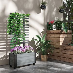 Fioriera Rialzata Portatile in Legno Grigio su Ruote con Traliccio e Angoli in Metallo, Vaso per Bonsai da 8 Pollici per Uso Esterno - Product Image 2