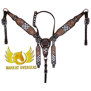 Harnais et collier de poitrine en cuir véritable noir et blanc à carreaux, durables, légers et multifonctionnels pour chevaux. - Product Image 1