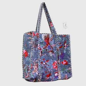 Sac fourre-tout en coton à panneaux avec broderie florale d'oiseaux, style bohème, ouverture supérieure, pour le shopping toutes saisons - Product Image 2