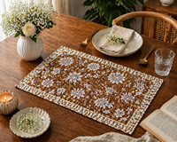 Ensemble de sets de table vintage marron à motifs floraux, imprimés à la main, 100% coton, qualité export, lavables, chef-d'œuvre artisanal