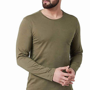 เสื้อยืดแขนยาวสีเขียวมะกอกสำหรับผู้ชาย ทรงปกติ คอกลม ผ้าถัก สไตล์ลำลอง สีพื้น ดีไซน์เรียบง่าย - Product Image 5