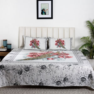 Parure de lit classique en coton imprimé fleurs et paons, pour lit double, avec 2 taies d'oreiller, style hôtelier et domestique, prix de gros - Product Image 1