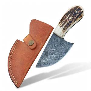 Herramienta utilitaria miniatura de acero damasco Raindrop hecha a mano con mango de asta de ciervo - Product Image 1