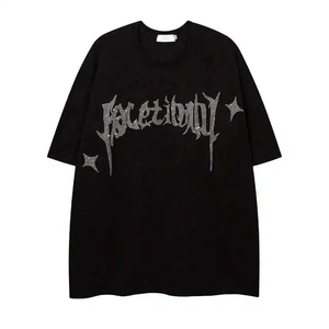 T-shirts personnalisables pour hommes, col rond, coupe courte, effet délavé, avec strass, coupe régulière, respirants, 100% coton, vente en gros, marque privée, haute qualité - Product Image 6
