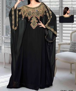 Abaya Azul con Cuentas, Cuello Alto, Talla Grande, Larga hasta el Suelo, para Mujer, Modesta, Manga Larga, Poliéster Sólido, Bordado, para Fiestas, Eventos Nocturnos y Uso Diario - Product Image 2