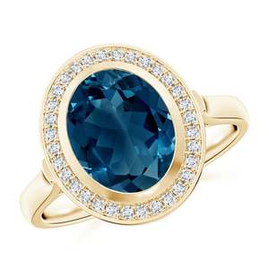 14K Solid Gold Bezel-Set Oval London Blue Topaz <b>Ring</b> with Diamond Halo Handmade <b>Customized</b> Fine Jewelry Wedding Engagement - Product Image 1