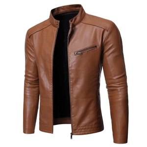 Chaqueta de cuero marrón para hombre, estilo motociclista, con cremallera, corte ajustado, manga regular, estilo otoñal. - Product Image 2