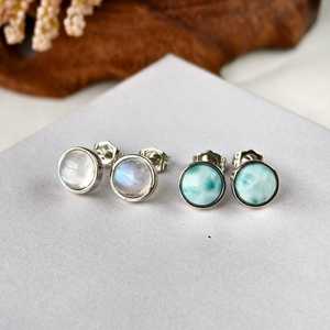 925 Sterling <b>Silver</b> Round Gemstone <b>Stud</b> Earrings Larimar Moonstone Earrings Women Jewelry Christmas Gift For Her - Product Image 5