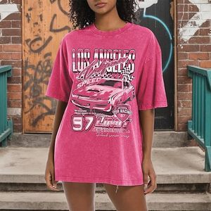 Oversized Graphic Tees for Women Baggy Streetwear Preppy Shirts Car <b>Checkered</b> <b>Flag</b> Drop Shoulder Top - Product Image 2
