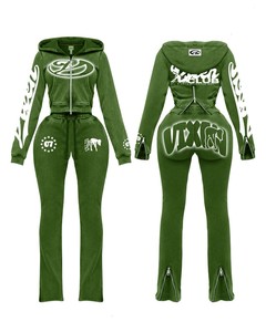 Fall Women Waffle Knit Tracksuit Custom Logo Contrast Piping <b>Cropped</b> <b>Zip</b> <b>up</b> Hoodie Flare Sweatpants Two Piece Streetwear Set - Product Image 4