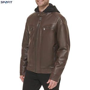 Veste en cuir noir pour homme SPOFIT avec capuche amovible, veste moto en cuir véritable, capuche en polaire amovible - Product Image 4