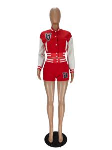 Wholesale <b>Women's</b> Jackets <b>Shorts</b> <b>Set</b> | Custom 2-Piece Outfit | Letter Patch Crop Jacket & High-Waist <b>Shorts</b> - Product Image 3