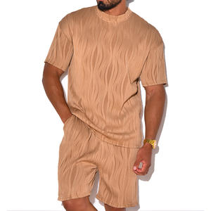 Ensemble deux pièces d'été surdimensionné et ample pour hommes, en coton épais 100%, avec t-shirts et shorts à fermeture éclair, fabrication OEM/ODM sur mesure - Product Image 1