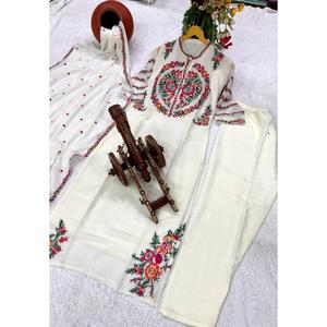 ATRACTIVE GEORGETTE BORDADO TRABAJO TOP PANT CON DUPATTA BLANCO - Product Image 1