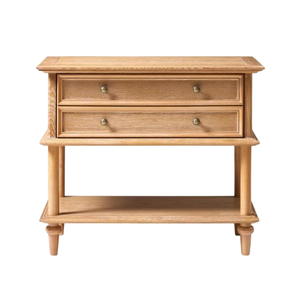 Mesita de noche hecha de madera de caoba de alta calidad con acabado natural y 2 cajones para uso en dormitorio. - Product Image 1