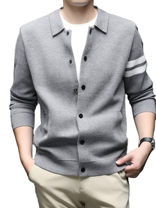 Cardigan d'hiver respirant pour homme, uni, à boutons, à manches longues, col à revers, en maille, avec logo frontal, polyester/coton - Product Image 2