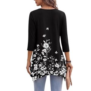 Camisas Boho Negras Personalizadas con Estampado Floral, Dobladillo Puntiagudo, Manga Tres Cuartos, Túnicas Ultra Suaves y Cómodas - Product Image 2