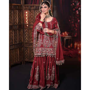 Salwar Kameez de Seda Roja de Diseñador PD-Aarohi con Hermosa Dupatta, Conjunto de Fiesta con Top y Pantalones Plazzo 2XL, Look Elegante - Product Image 2