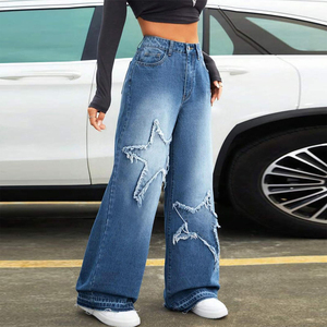 Jeans à jambes larges pour femmes de haute qualité OEM ODM, taille haute, coupe ample, pantalon en denim décontracté, streetwear tendance - Product Image 3