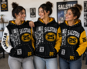 SALSTAR Sweat-shirt à capuche pour femme, noir, jaune, blanc, manches longues, rivets, streetwear, automne, coton, tricoté - Product Image 5
