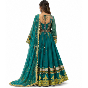 Lehenga Choli de seda verde con dupatta azul bordada, ropa de boda para mujer, largo hasta el suelo, vestidos indios afganos Kuchi. - Product Image 2