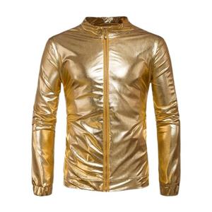เสื้อแจ็คเก็ตบอมเบอร์หนังแท้สีทองสำหรับผู้ชาย สไตล์วินเทจ แต่งลายปะติด ปิดซิป คอตั้ง ทรงเข้ารูป สวมใส่สบายๆ สำหรับฤดูใบไม้ผลิ สีพื้น - Product Image 1