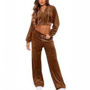 OEM/ODM Women's Custom Solid Velour Breathable Spandex/Polyester Hooded <b>Cropped</b> <b>Zip</b>-<b>Up</b> Jogging Sets Adjustable Drawstring - Product Image 1