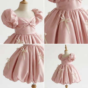Imperial Luxury Princess Dress Blush Pink Satin <b>Bubble</b> Hem Puff Sleeve Statement Bow Girls Party Dress Boutique Kids Occasion - Product Image 2