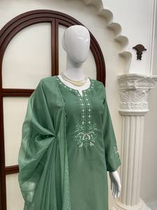 Green Embroidered Traditional Salwar Kameez Set High Neck Long Kurta Pagri for Wedding Party Diwali <b>Pakistani</b> Outfit - Product Image 2