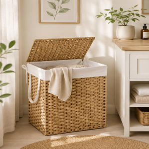 Large <b>rectangular</b> woven rattan laundry <b>basket</b> with an attached lid and white interior liner, available at wholesale prices. - Product Image 1