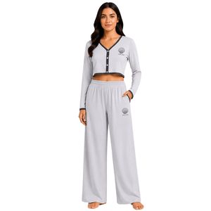 Manufacturer Light Gray And Charcoal Women Long Sleeve <b>Crop</b> <b>Pajama</b> Set Soft Cotton Knit Button Front Wide Leg Lounge Sleepwear - Product Image 1