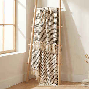 50x60 Inch Pom Pom Trim Cotton Blanket Luxury Striped Sofa Drape Monochrome <b>Bohemian</b> Styling - Product Image 5