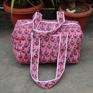 Pink Floral Cotton <b>Duffel</b> <b>Bag</b> Large Capacity Weekender Travel <b>Bag</b> Handmade with White Trim <b>Duffel</b> Casual Outdoor Storage - Product Image 2