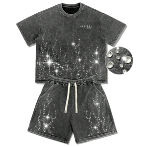 2026 Hot Sale Summer Street Wear Rhinestone Front Men's Solid 100% Cotton Two-Piece Vintage <b>Distressed</b> Wash Boxy T-Shirt Sets - Product Image 3