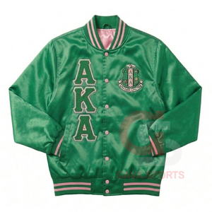 Weatherproof Alpha Kapa Alpha AKA Sorority green <b>pink</b> sorority womens Embroidery satin bomber and lady crop patchwork <b>jackets</b> - Product Image 1