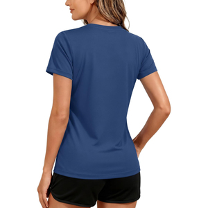 Camiseta Casual de Punto de Manga Corta con Cuello Redondo y Color Azul Marino Sólido para Mujer, de Secado Rápido, para Primavera/Verano, Gimnasio, ODM OEM - Product Image 2