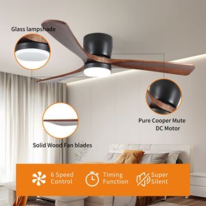 Ventilatore da 52 pollici in legno nero moderno con montaggio a filo a soffitto con motore a corrente continua reversibile a 6 velocità per luci telecomandate per camera da letto all'aperto - Product Image 6