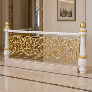 Luxury White Gold Ornate Stair <b>Railing</b> Floral Scroll Balustrade with Round Finials for Villa Mansion Interior Decor - Product Image 1