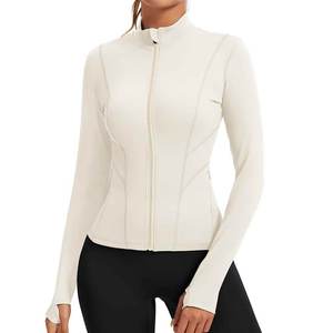 Women's Cream Full Sleeve Zipper <b>Racer</b> <b>Jacket</b> Knitted Breathable Solid Color Stand Collar Regular Length Spring Wear - Product Image 1