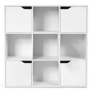 Libreria Organizzatore Contemporanea Bianca a 9 Cubi in Acciaio con Armadietti Chiusi e Scomparti Aperti, Design a 3 Livelli - Product Image 4