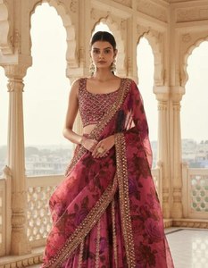Floral Embroidered Lehenga Choli Set <b>Beaded</b> Organza Tulle Traditional Indian Outfit Wedding Banquet Wear - Product Image 4