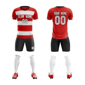 Custom Soccer Jersey Set Red White Striped V-Neck Short Sleeve with Black Shorts and White <b>Socks</b> for Adults Unisex - Product Image 1