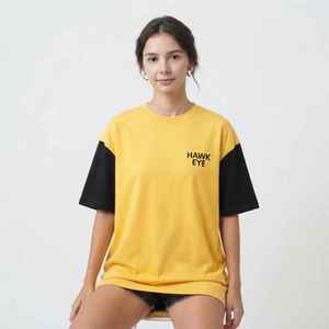 Camiseta Oversize para Mujer con Bloques de Color Amarillo y Negro, Manga Corta, Cuello Redondo, Ajuste Holgado, 100% Algodón Transpirable, Ideal para Primavera y Verano - Product Image 5