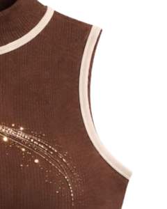 Débardeur côtelé marron personnalisé pour femme avec col montant et bande de strass, sans manches, été, fabrication sur mesure - Product Image 5